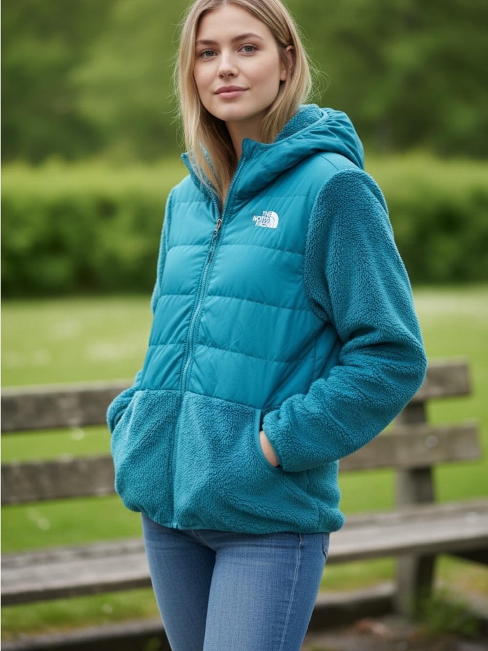 The North Face Fleece Puffer Jacket Teal Hooded Girls XL 14/16